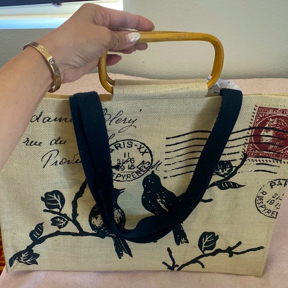 ❤️ NWT ❤️ Canvas Tote in bamboo handle with sling and Tag by: monsieur MARCEL - Picture 3 of 4